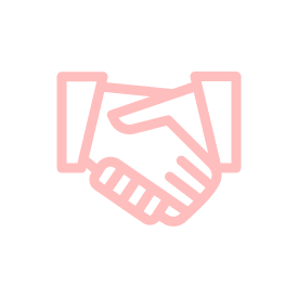 Icon of a handshake in pink outline on a transparent background.