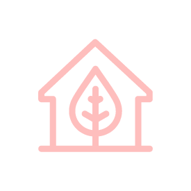 Icon of a pink outline of a house with a leafy tree inside, symbolizing eco-friendly living or sustainability.